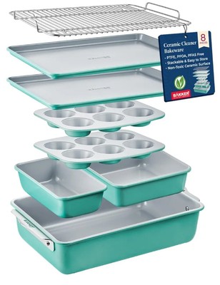 BAKKEN 8 pc Stackable Bakeware Set-Ceramic Non-Stick Teal