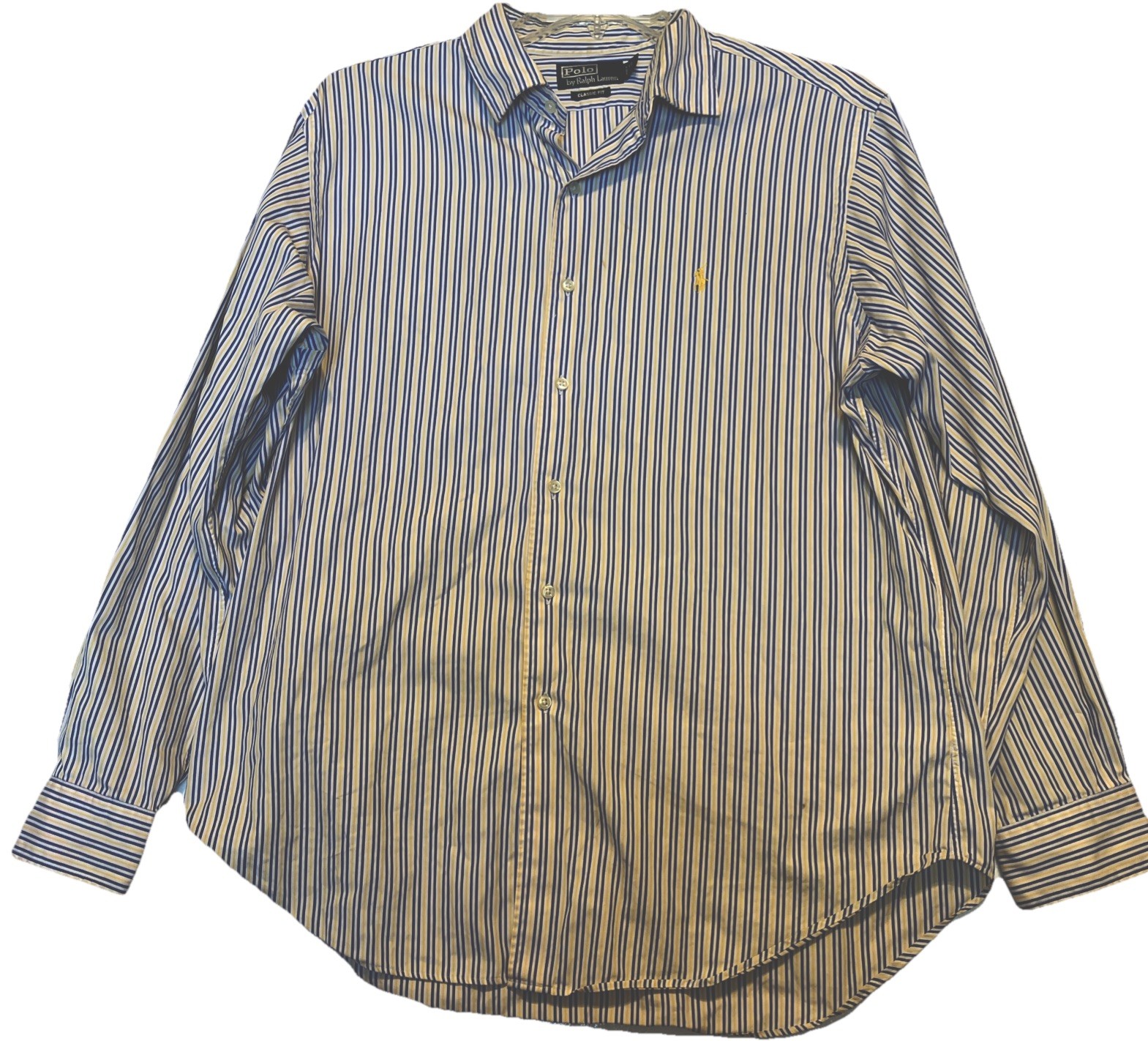 Polo Ralph Lauren camicia uomo XL blu giallo a righe con bottoni logo pony usata in ottime condizioni