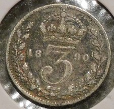 British Silver Threepence - 1890 (Tarnished / Off-color) - Queen Victoria