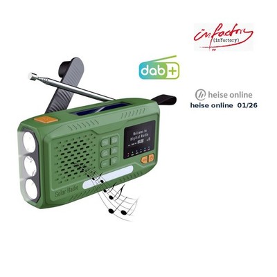 infactory Mobiles DAB+-Kurbelradio mit EWF, Solarpanel, LED, USB, Bluetooth 5