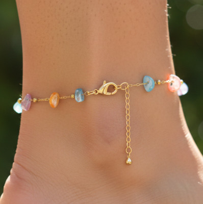 Elegant 18K  Gold Tone Anklet Boho Multicolor Amethyst Topaz Beaded Anklet