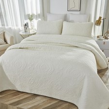 Queen Size Quilt Set Cotton Cream White Quilt Set Luxury Damask Matelasse Coverl
