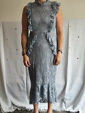 Hope & Ivy Blue Floral Lace Open Back Ruffle High Neck Midi Dress 12