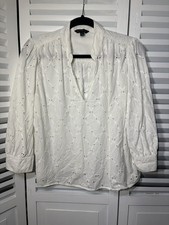 Banana Republic White Eyelet Lace V Neck Women s Blouse Size L 3/4 Sleeve