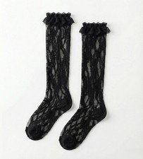 Black Soft Polyester Floral Lace Ruffle Women Over The Calf Socks