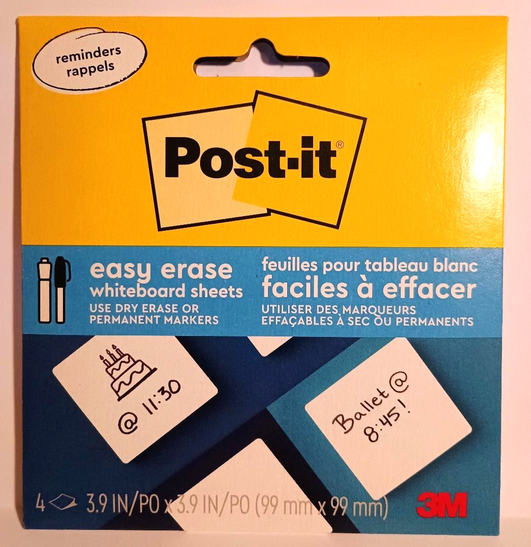 NEW 3M Post-It Easy Erase Whiteboard Sheets 3.9"x3.9" - 4 Sheets