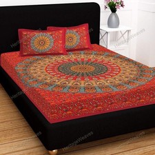 New Indian Jaipuri Printed Queen Size Bed Sheet With 2 Pillow Covers