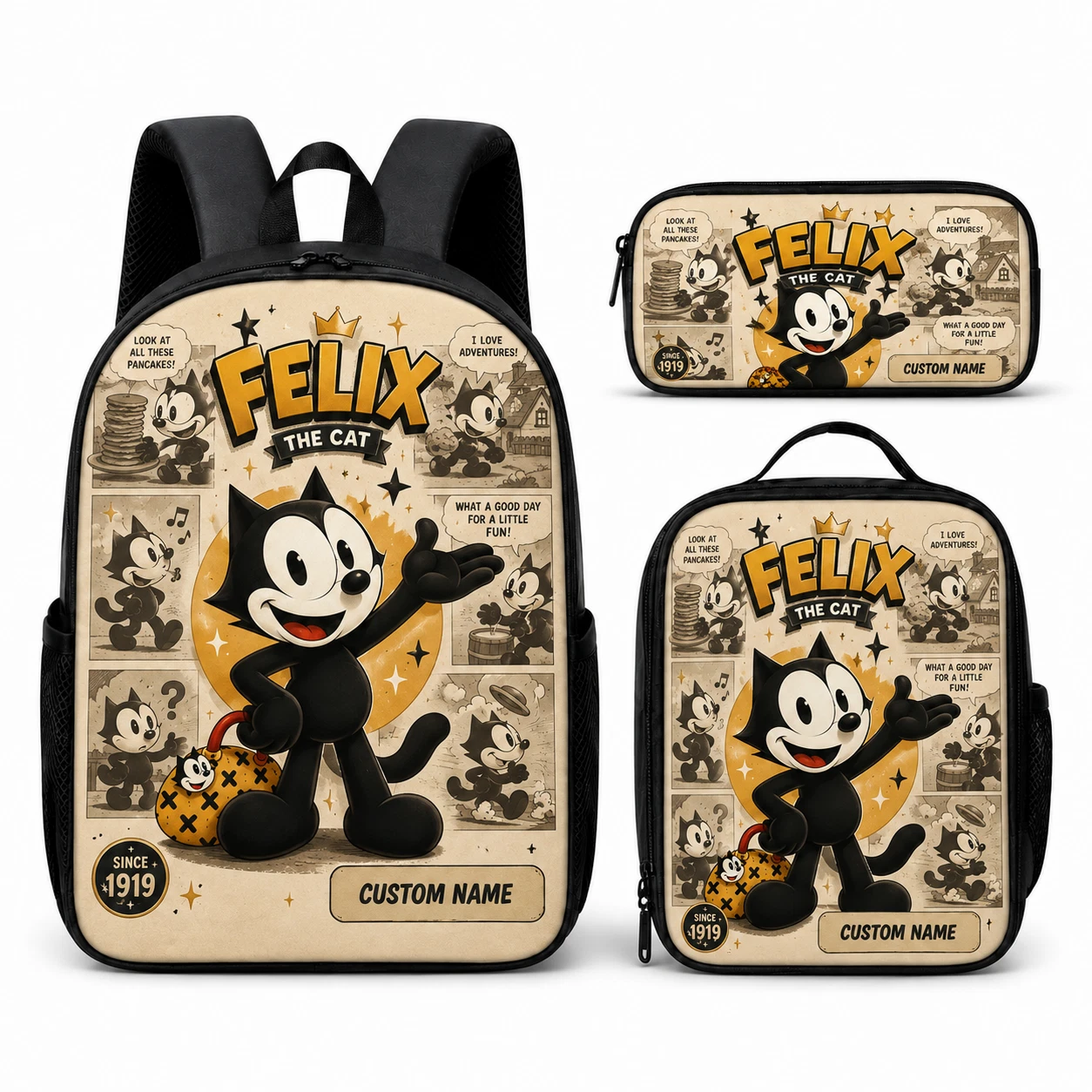 Personalized Retro Black Cat Backpack Set 3 Pcs Custom Name Kids School Bookbag