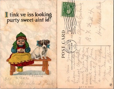 Vintage 1915 Humorous Girl and Dog Postcard Postmarked May 3 1915 Highland Park