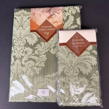 New VTG Bardwil Sage/Olive Green Damask 60x84" Oval Tablecloth 4 Cloth Napkins