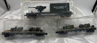 #ad Menards Gold Line Freight Army Flat Car Jeeps O Gauge Gun Shells Container New $120.00