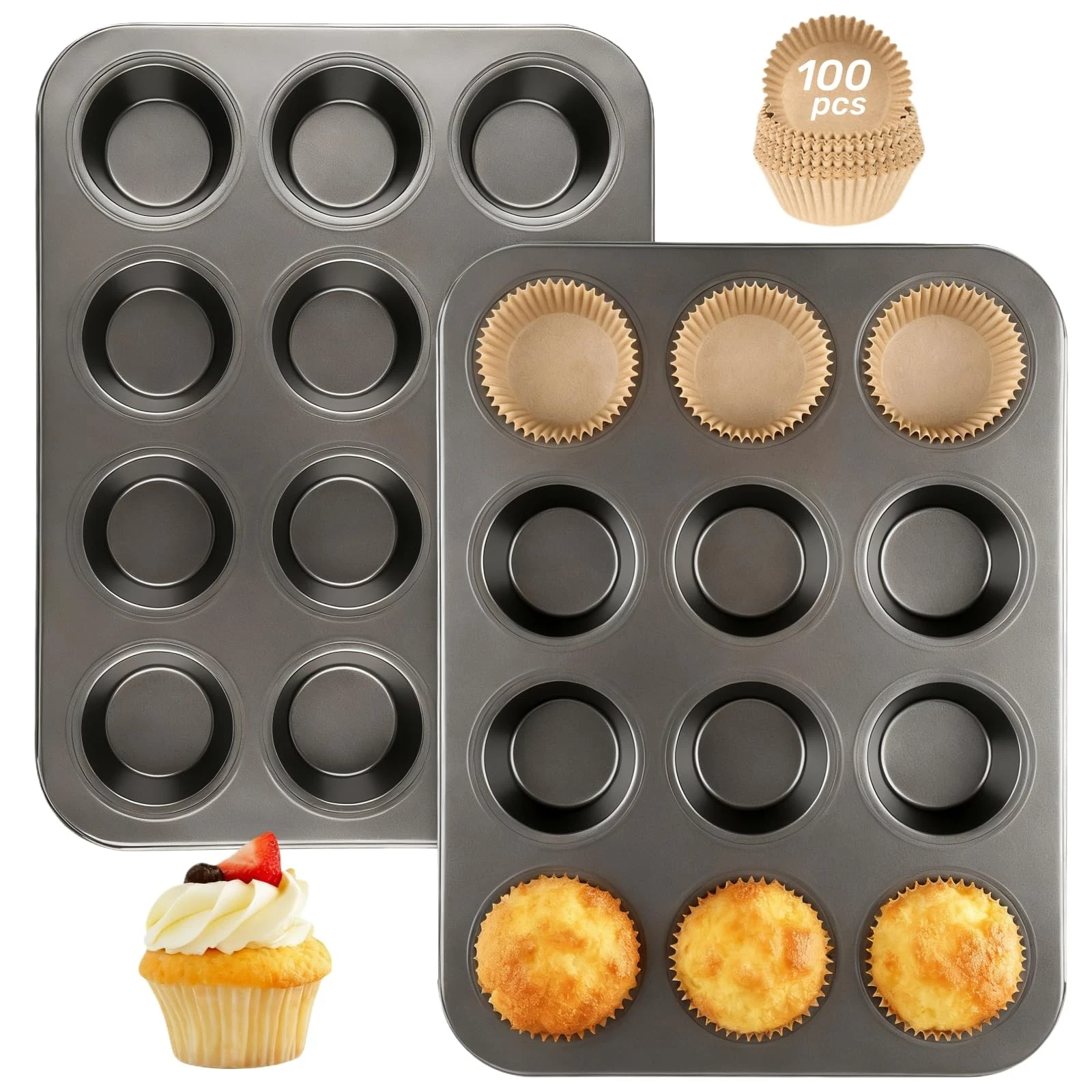 Artcochan 2 Pack Muffin Pan with 100 Cupcake Liners, 12 Cup Large, Dark Gray