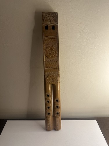 Vintage Wooden Double Flute Hand Carved Kaval Balkan Folk Musical Instrument