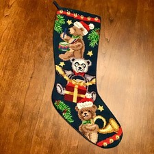 VINTAGE Needlepoint Christmas TEDDY Bears With Drum, Horn, and Package