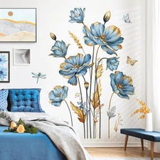 Large Blue Flower Wall Stickers Floral Butterfly Plants Gold Leaves Wall Deca...