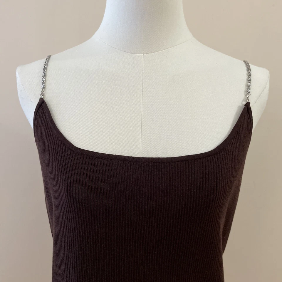 Camiseta sin mangas vintage Y2K Kenar mezcla de seda para mujer XL marrón acanalada cadena correas vampiro Foto 2 de 4