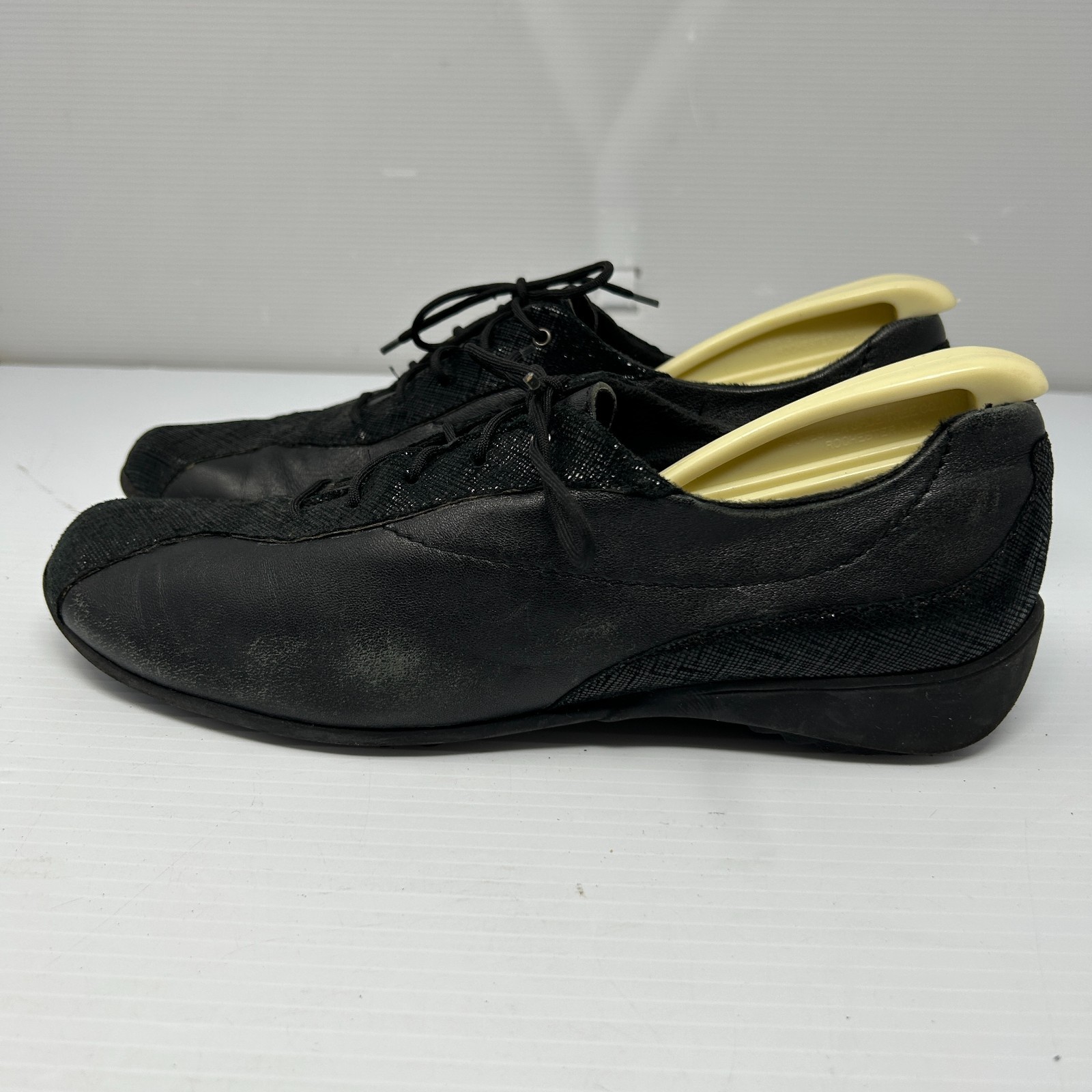 Munro Sydney Shoes Womens 10 Casual Black Leather Crosshatch Lace Up Sneakers