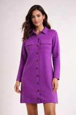 LOFT Purple Sweater Dress Button Front Collared Knit Long Sleeve Size Small