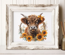 Cow Wall Art Print, Cow and Sunflowers Art Print, Farmhouse Wall Art, Home Decor