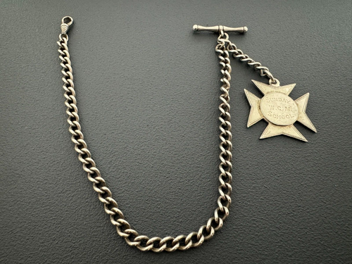 Antique Sterling Silver Single Albert Watch Chain And Fob 13 - 第 1/6 張圖片