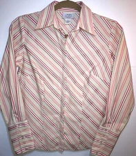 LOFT Womens 2P Button Down Blouse  Beige With Pink Strip Long Sleeves