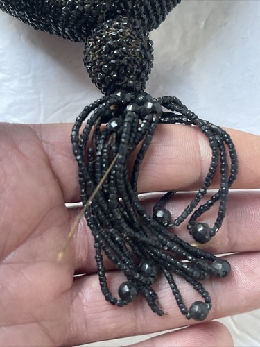 1920’s Flapper Black Glass Beaded Handbag Tasseled Drawstring Purse Evening Bag - Picture 4 of 15