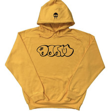 MF Doom Hoodie with Bubble Letters and Doom Mask on Hood Gold w/ Black Print
