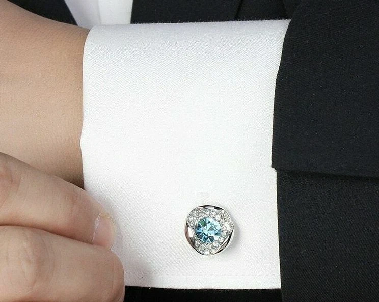 Camisa de hombre brillante oro blanco 14k FN 1,90 CT topacio azul y circonita cúbica gemelos plateados Foto 2 de 4