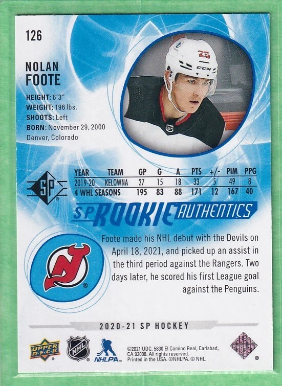 2020-21 SP Retail Blue #126 Rookie Authentics Nolan Foote New Jersey Devils - Image 2 of 2