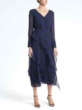 BANANA REPUBLIC Women's Navy Camo-Print Bias-Ruffle Midi Dress Sz 2