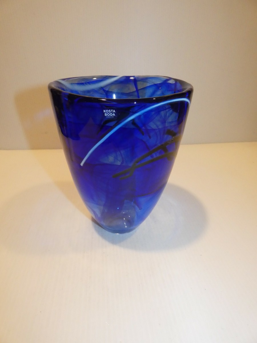 Stunning Kosta Boda Sweden Art Glass Large Vase, Blue w White and