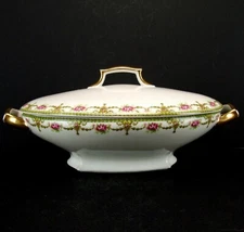 T&V Tressemanes Vogt Covered Vegetable Dish Rose Swag Limoges France