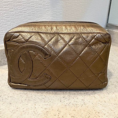 Authentic CHANEL Cambon Line Makeup Pouch Accessory case Gold Made in France