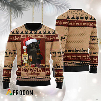 Black Cat Drinking Captain Morgan Christmas Ugly Sweater Menswear Tops Sweaters 