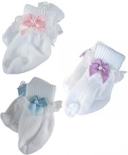 3 Pair Lace Trim Socks w/ Pastel Ribbon Bows compatible with 18" American Doll