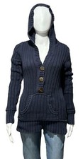 Eddie Bauer Women's Cable Knit Navy Blue Pullover Hooded Sweater Buttons Medium