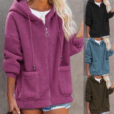 Womens Full Zip Up Hooded Sherpa Jacket Fleece Jacket Winter Trendy Plush Coat