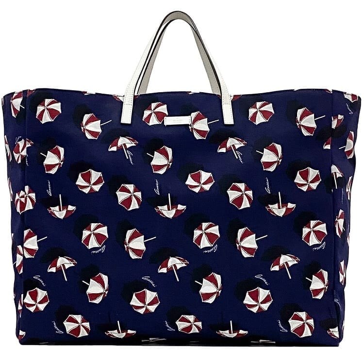 GUCCI Tote Bag Navy White Canvas Leather Big Tote Parasol Pattern Authentic