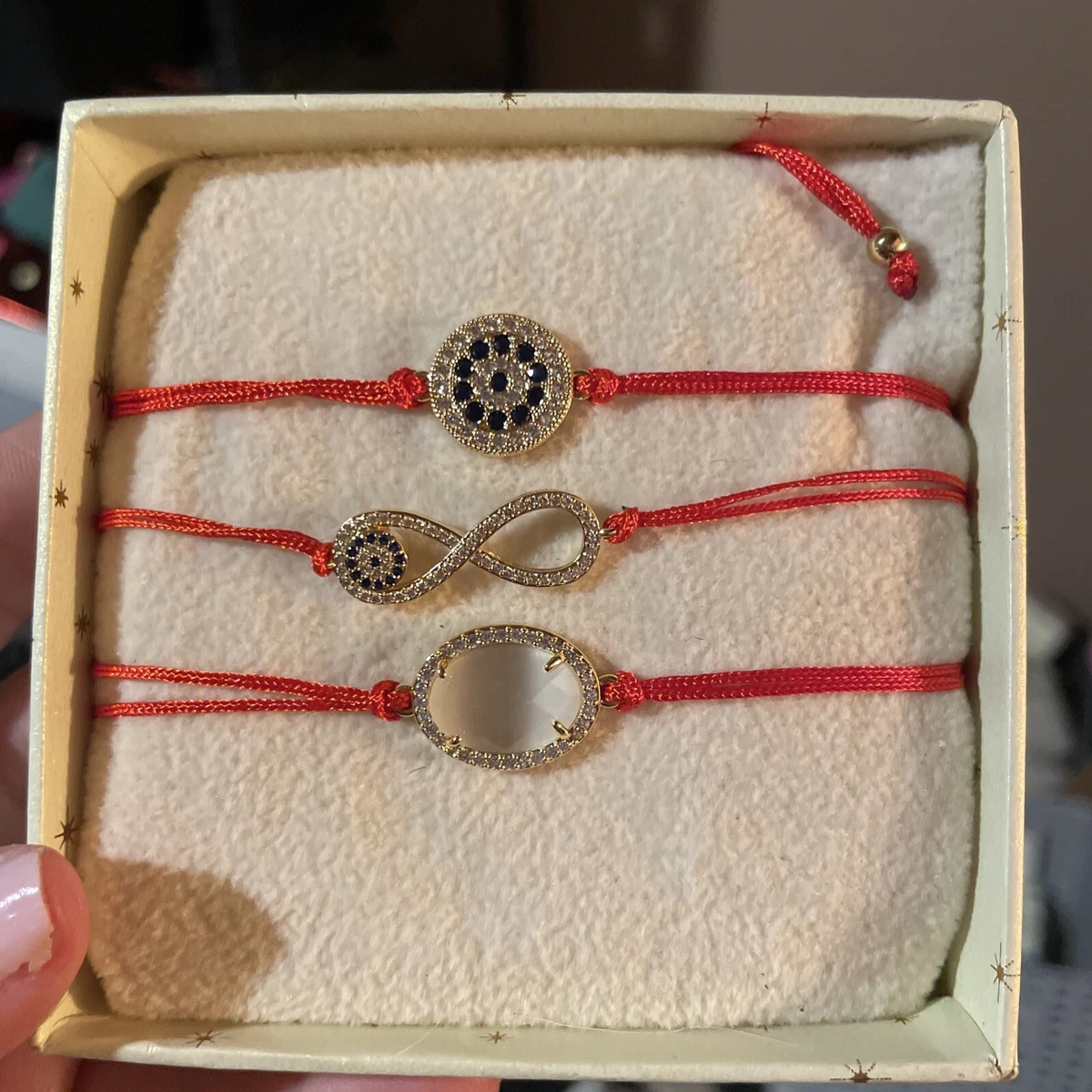 3 pc Arm Candy Eye Candy Bracelets HAMSA EYE Infiniti Cz Red Rope threaded  NWT