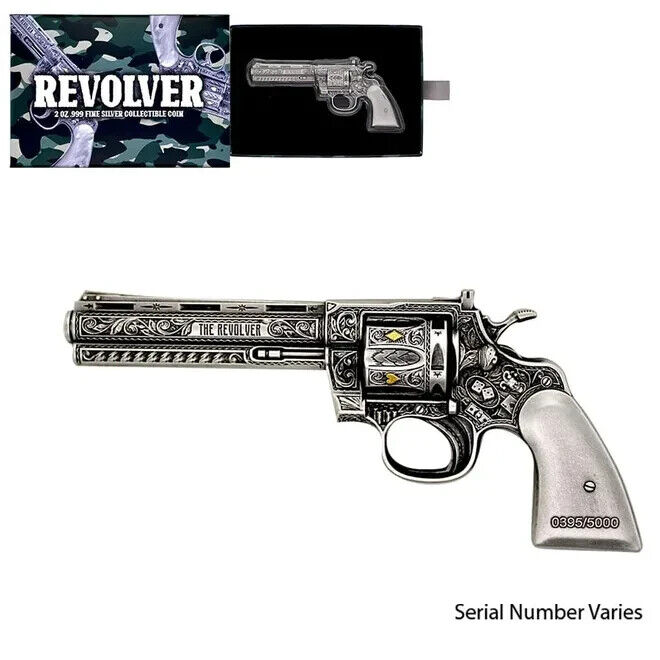 2023 Chad 2 oz Silver Revolver Gun Shaped Antiqued High 2023 Chad 2 oz Silver Revolver Gun Shaped Antiqued High