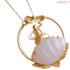 Hetian White Jade Lotus Pendant Necklace Chinese Retro Crafts Women Jewelry