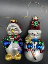 Blown Glass Christmas Ornaments Lot of 2 Penguin 5.5" and Snowman 6"