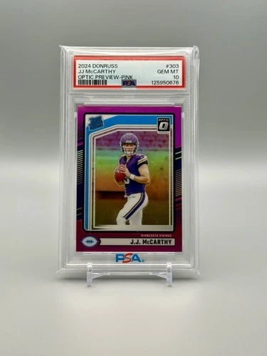 2024 Panini Donruss Rated Rookie JJ McCarthy #303 Optic Preview Pink (RC) PSA 10