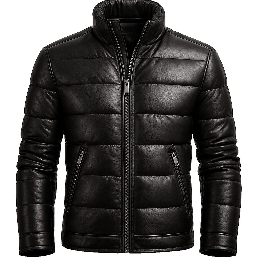Men’s Black Genuine Leather Puffer Jacket – Warm Winter Quilted Outerwear