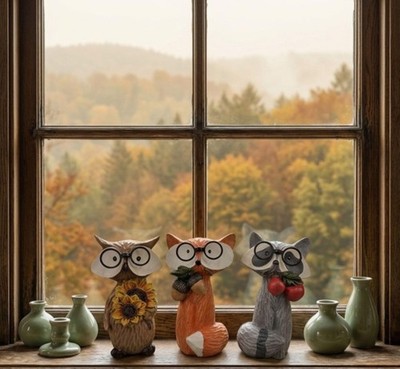 Fall Woodland Animal Figurine with Glasses   Rustic Resin Autumn Decoration