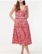 J.Crew Red Floral Tiered Midi Dress Size 8 Ruffle Strap Tie Back Cotton Summer