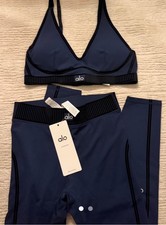 Alo Yoga Airlift High-Waist 7/8 Line Up Leggings Bra Set Navy Blue, Size Small