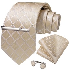 Champagne Plaids Necktie Mens Tie Hankie Cufflinks Tie Pin Set Gift Event