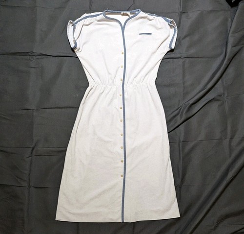 Women's Vintage Leslie Fay Gray Pique Navy Mod Stewardess Dress Sz Small