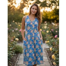 GAP Dress Womens Size S Blue Floral Midi Button Front V-Neck Pockets Cottagecore